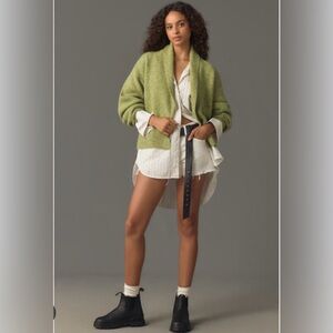 Anthropologie Flat White Ribbed Roll Collar Cardigan Sweater